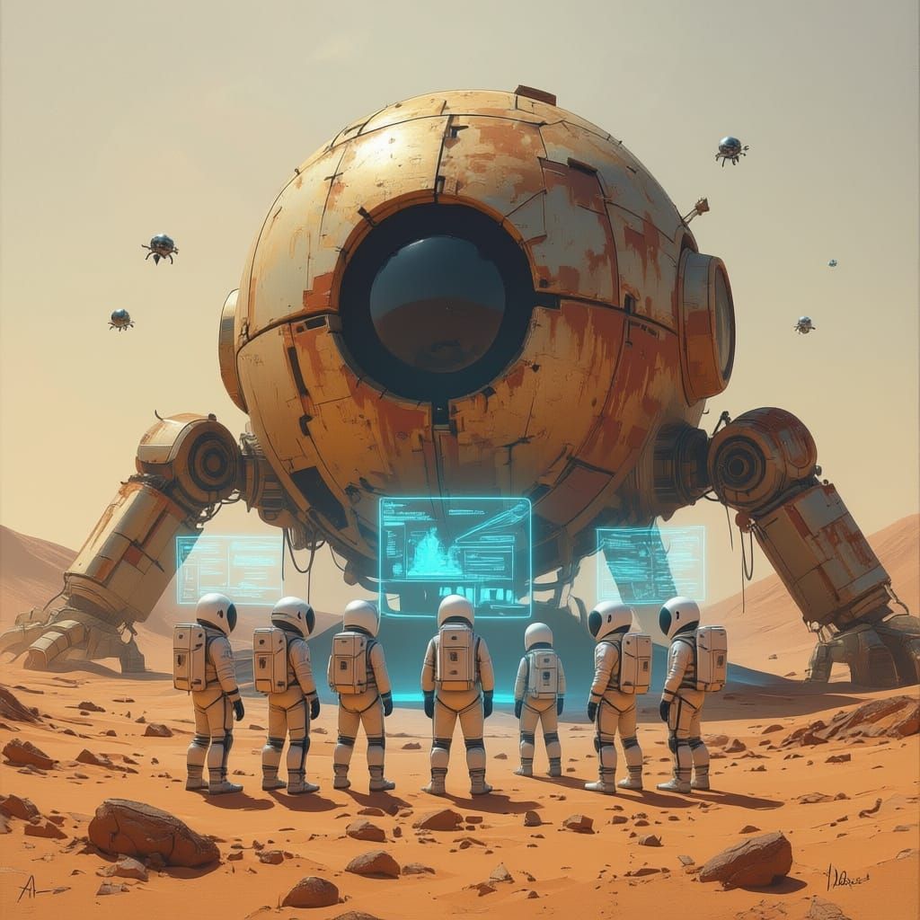 Martian Robot Head with School Trip in Realistic Oil Paintin...