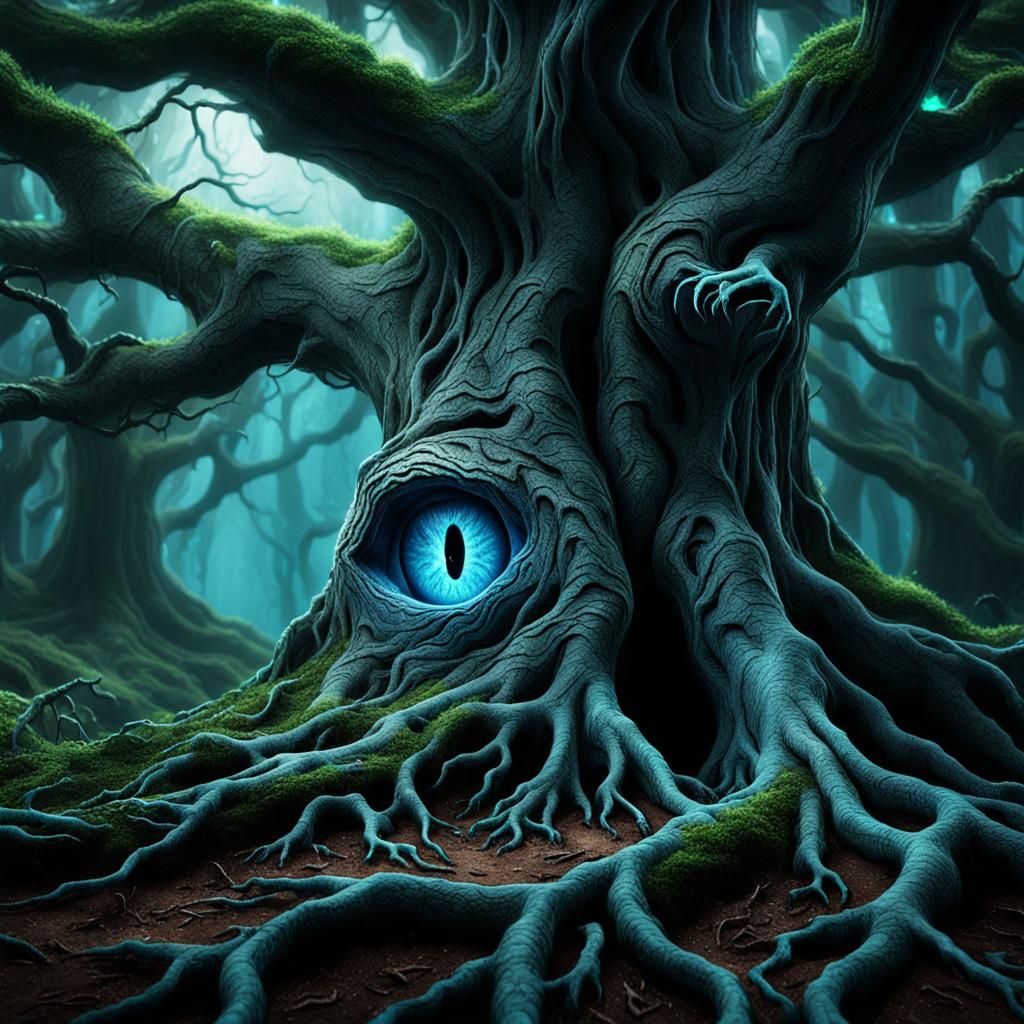 Gnarled Tree Root Reveals Glowing Passage in Dark Fantasy