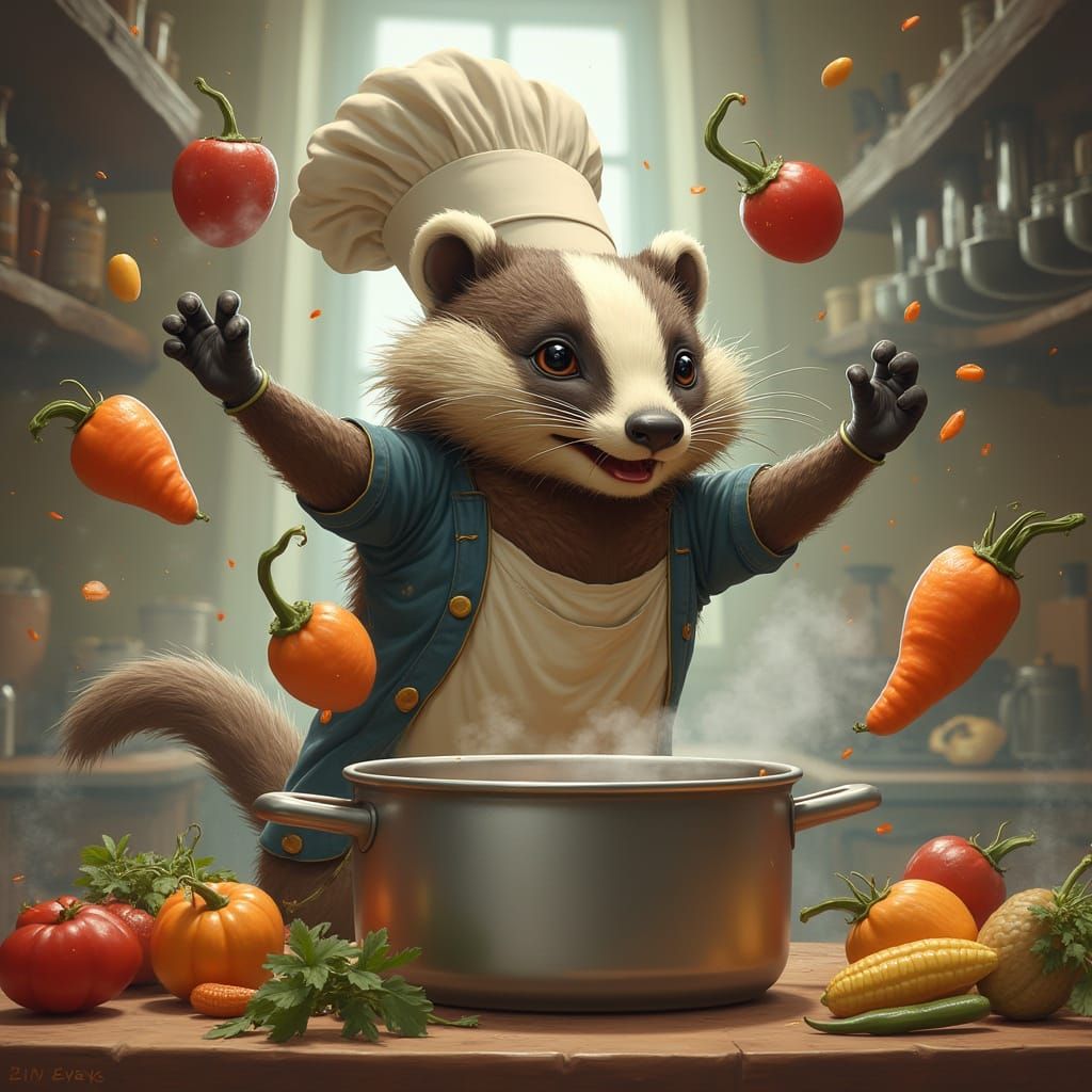 Anthropomorphic Badger Chef Juggles Bouncing Vegetables
