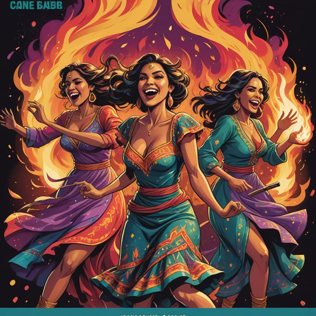 Vibrant Latin Dancers Around a Roaring Bonfire