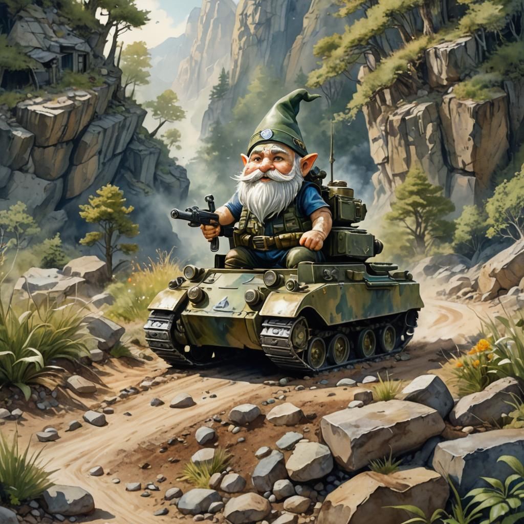 Gnome Soldier Driving Tank in Watercolor Style