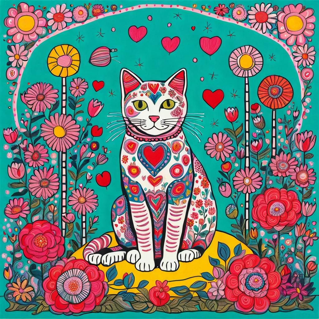 Cat on Pillow with Flowers in Narrative Ceramic Style