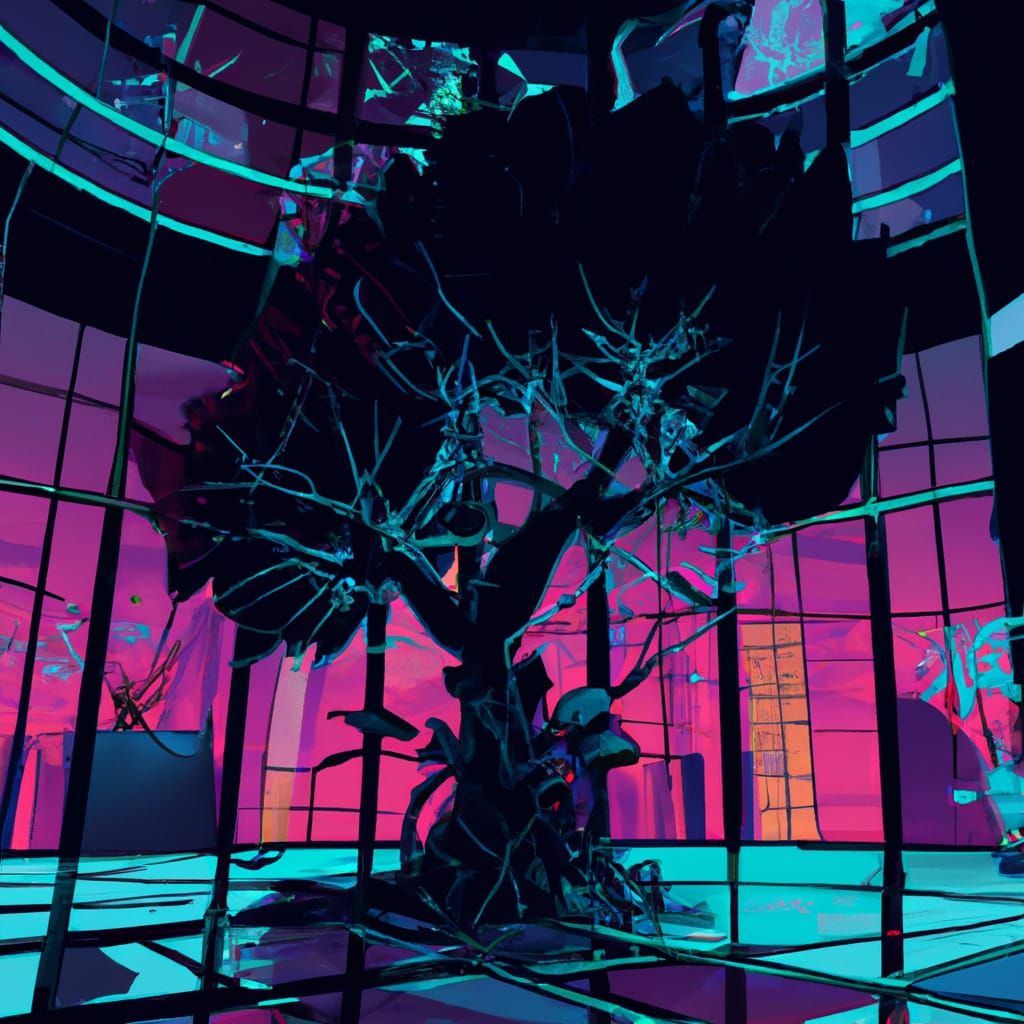 Tree in Cyberpunk Cupola: Cel-Shaded Anime Art