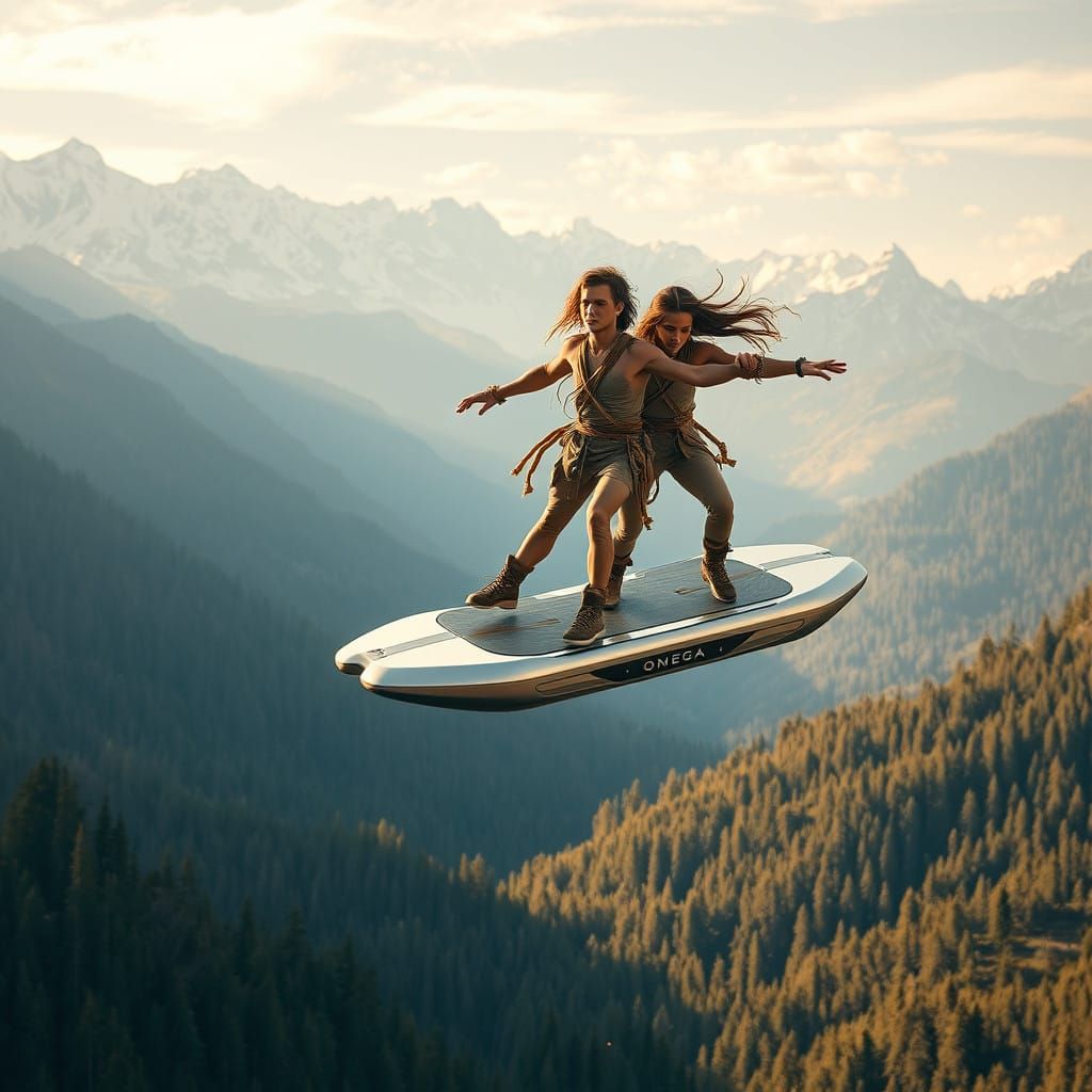 Young Couple Soars on Omega Hoverboard Above Majestic Mounta...