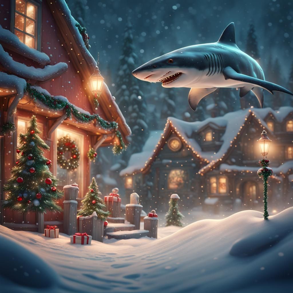 Festive Shark Celebrates Christmas: Detailed Matte Painting