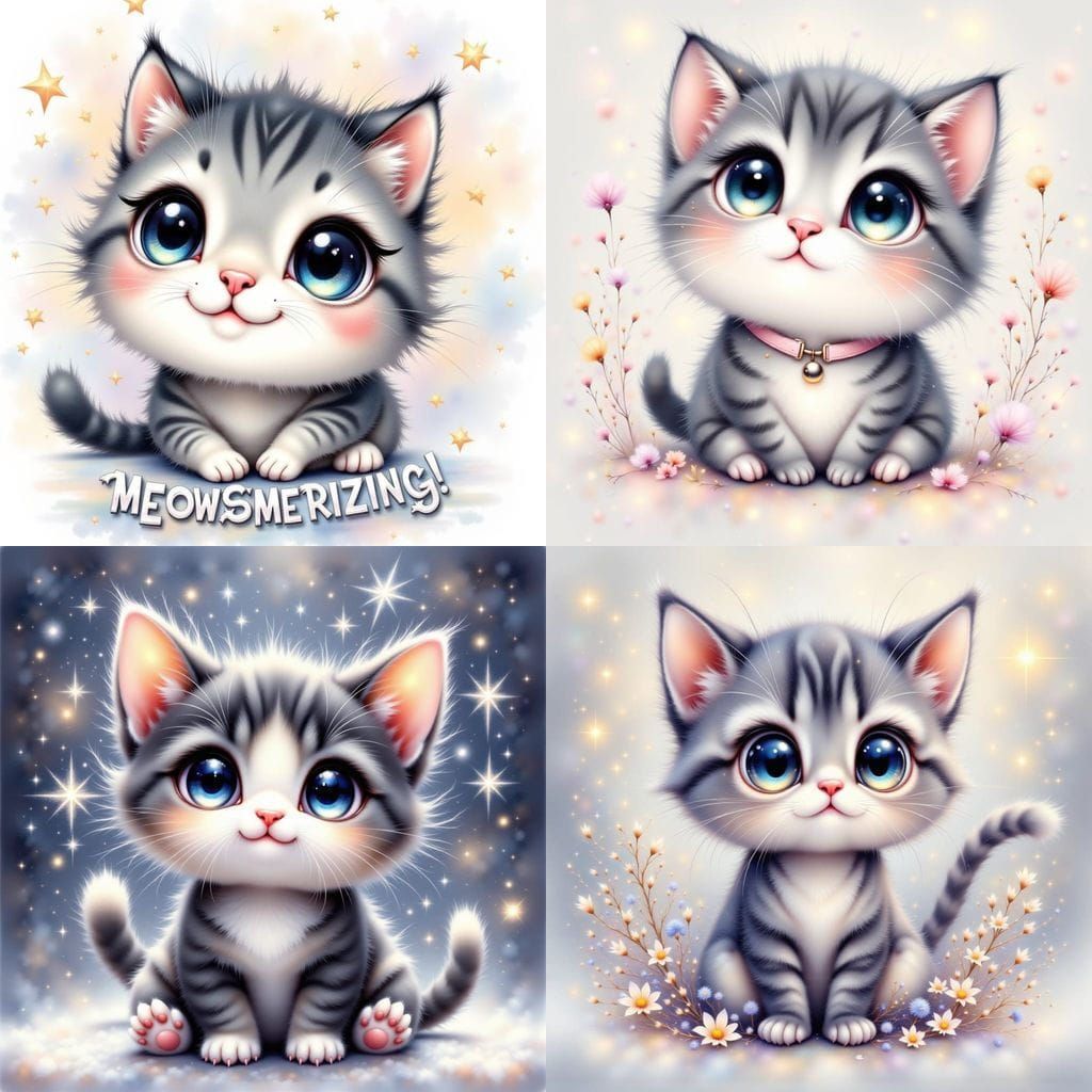 Chibi Tabby Cat in Sparkling Digital Watercolor