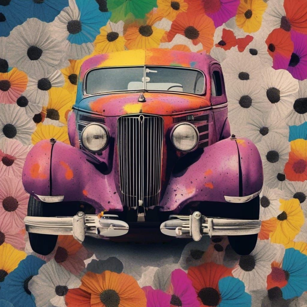 Vintage Car in Abstract Newspaper Photo