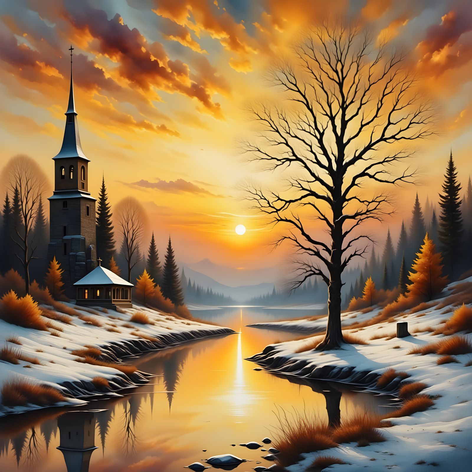 Impressionistic Sunset Over Snowy Park and Water