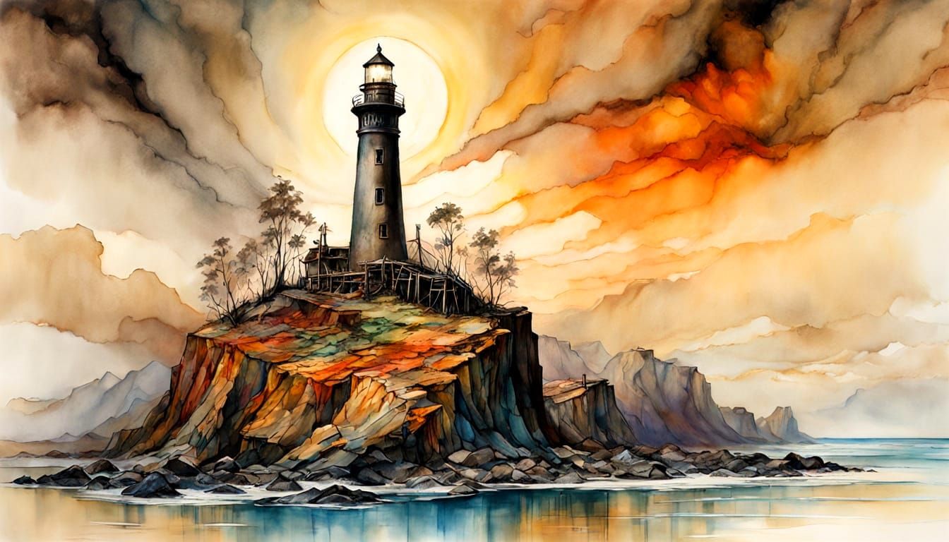Dystopian Lighthouse on a Dried Seabed as Alcohol Ink Art