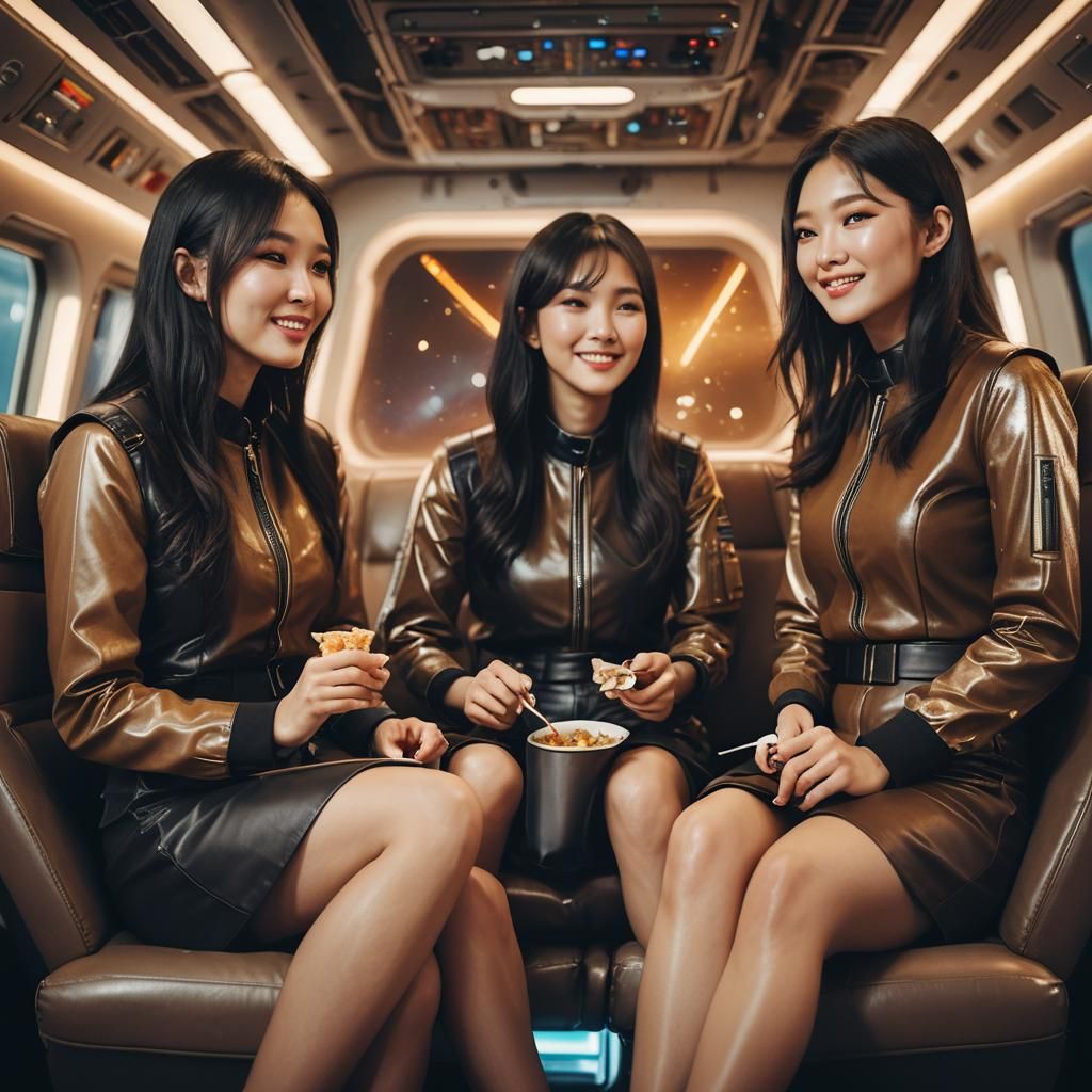 Korean Women in Spacecraft Lounge: Cinematic Portrait