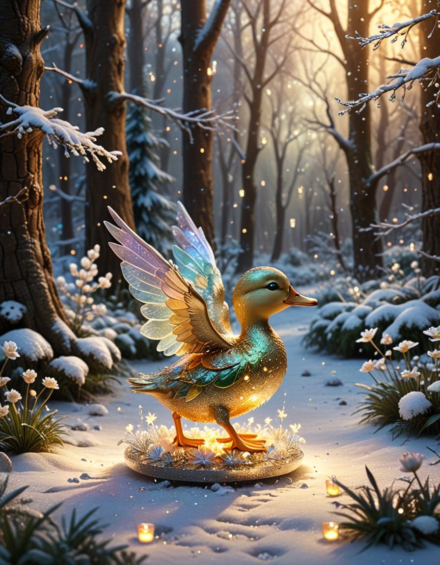 Duckling and Fairy Sculpture in Winter Wonderland
