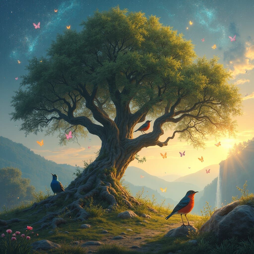 Ancient Oak Tree Under Starry Nebula With Robins