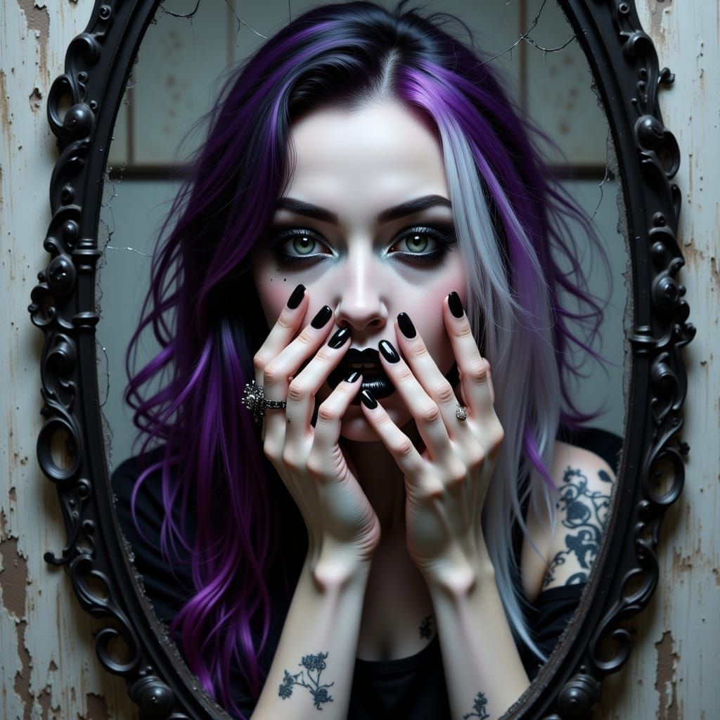 Goth Woman's Horrified Reflection in Cracked Mirror