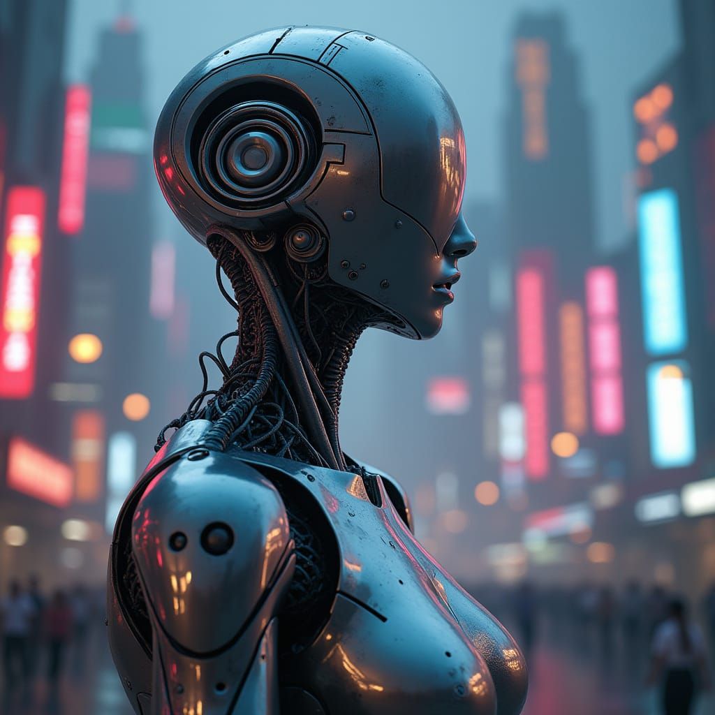 Humanoid Robot Emerges in Neon Cityscape