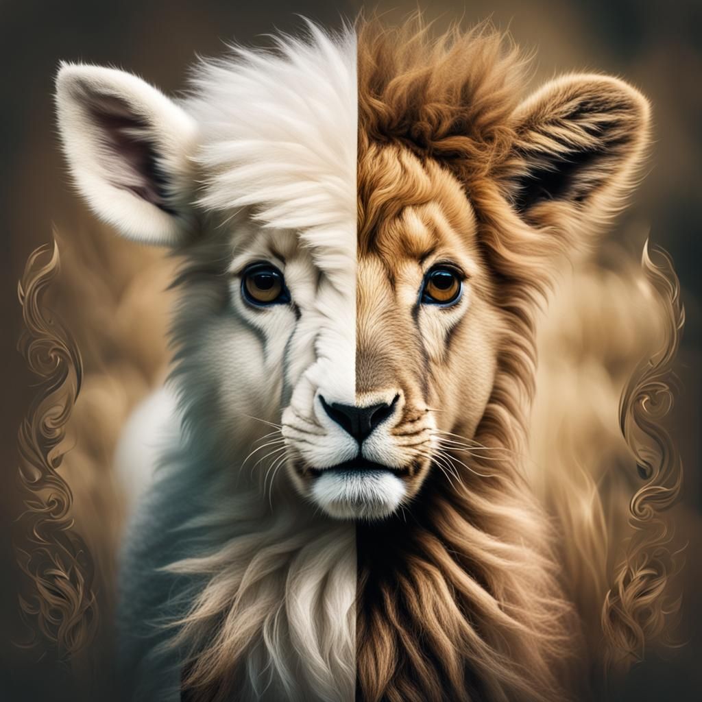 Lion & Lamb - Portrait of half of a lion face and half of a ...