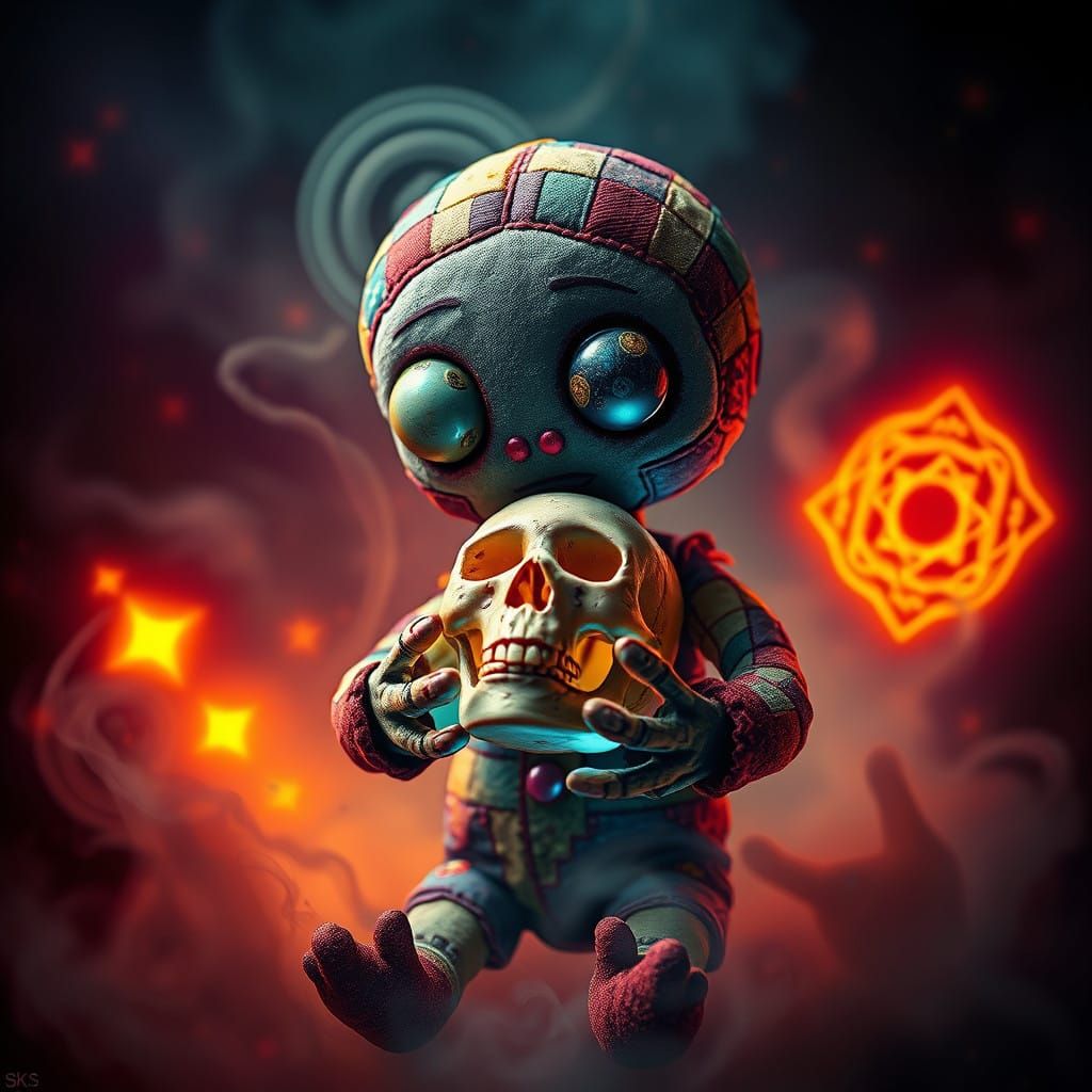 Enchanting Voodoo Doll Spirit Holding a Glowing Skull