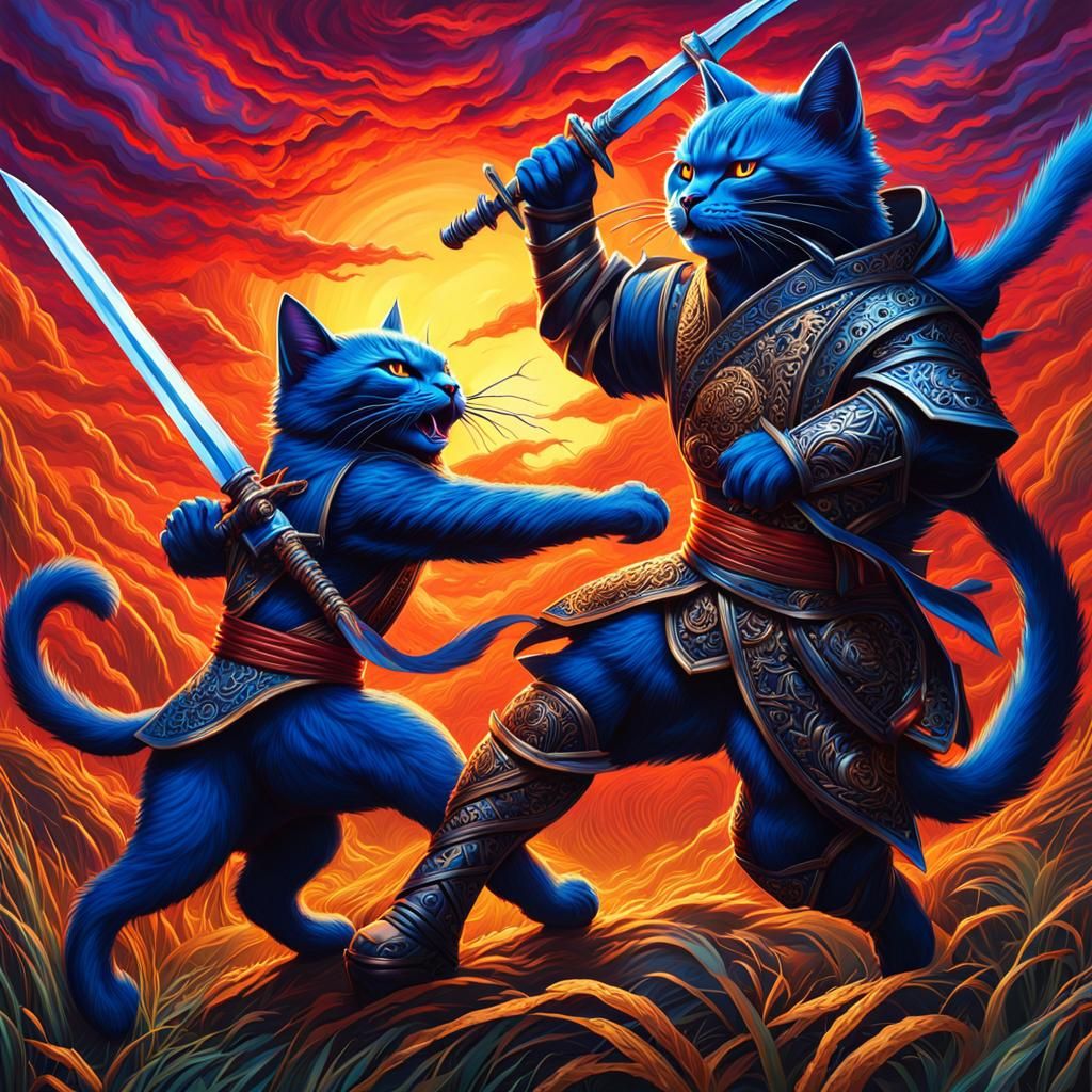 kinetic art of knarling gnashing fighting ninga cats fighting:: full ninja gear:: slashing  shining new sharpest sword :...