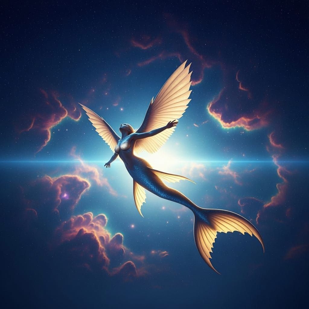 Majestic Mermaid with Golden Tail Soaring Through Nebula Sky
