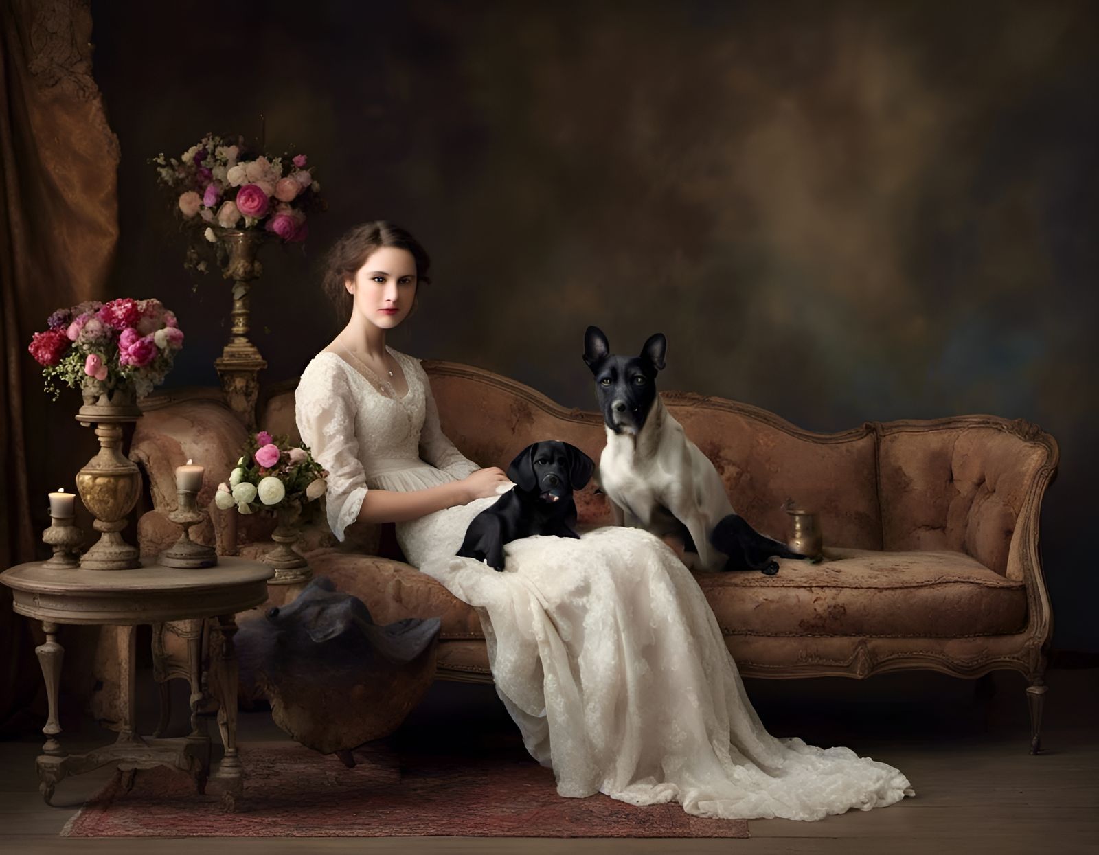 Woman and her dogs, vintage