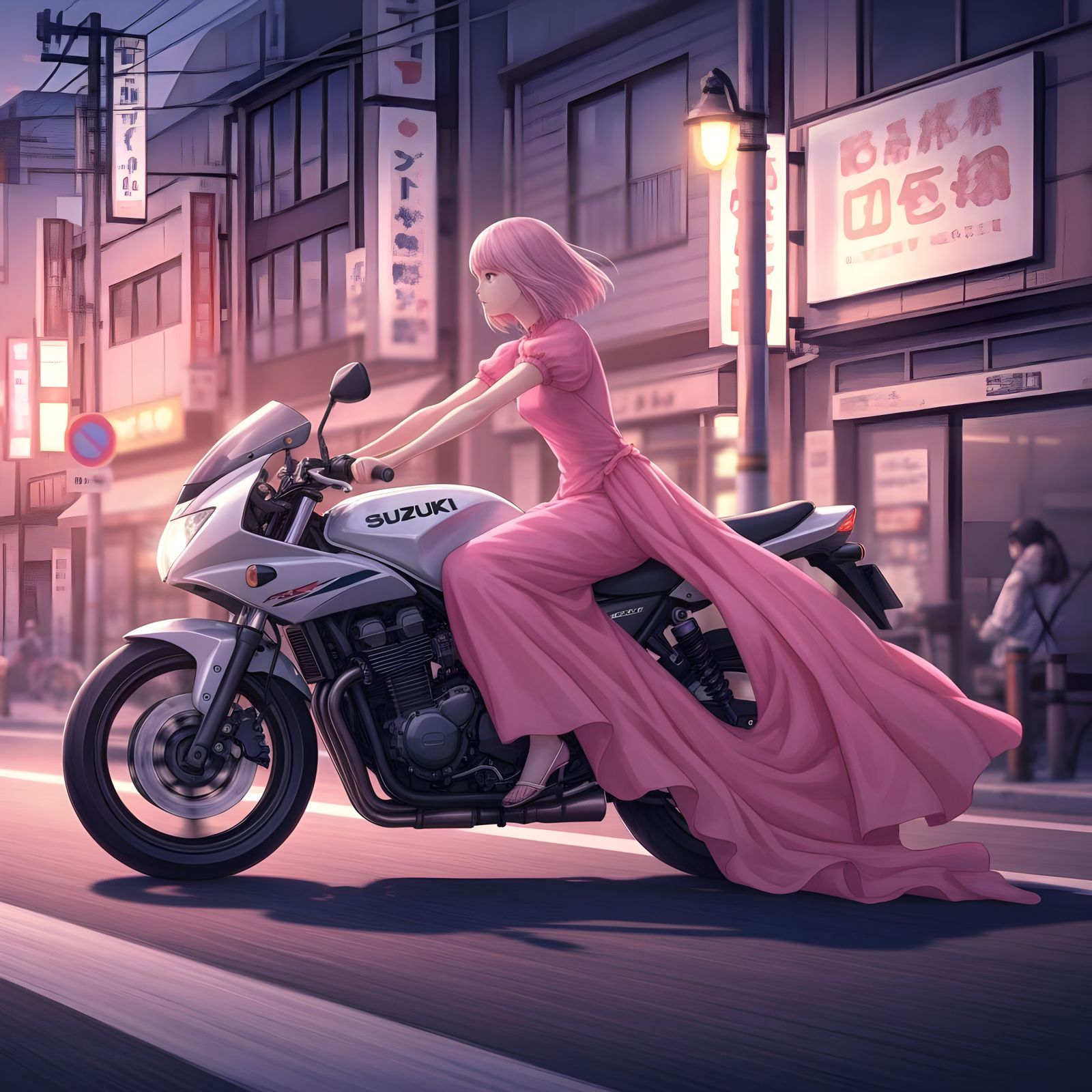 Pink-Haired Girl on Motorcycle in Anime Style