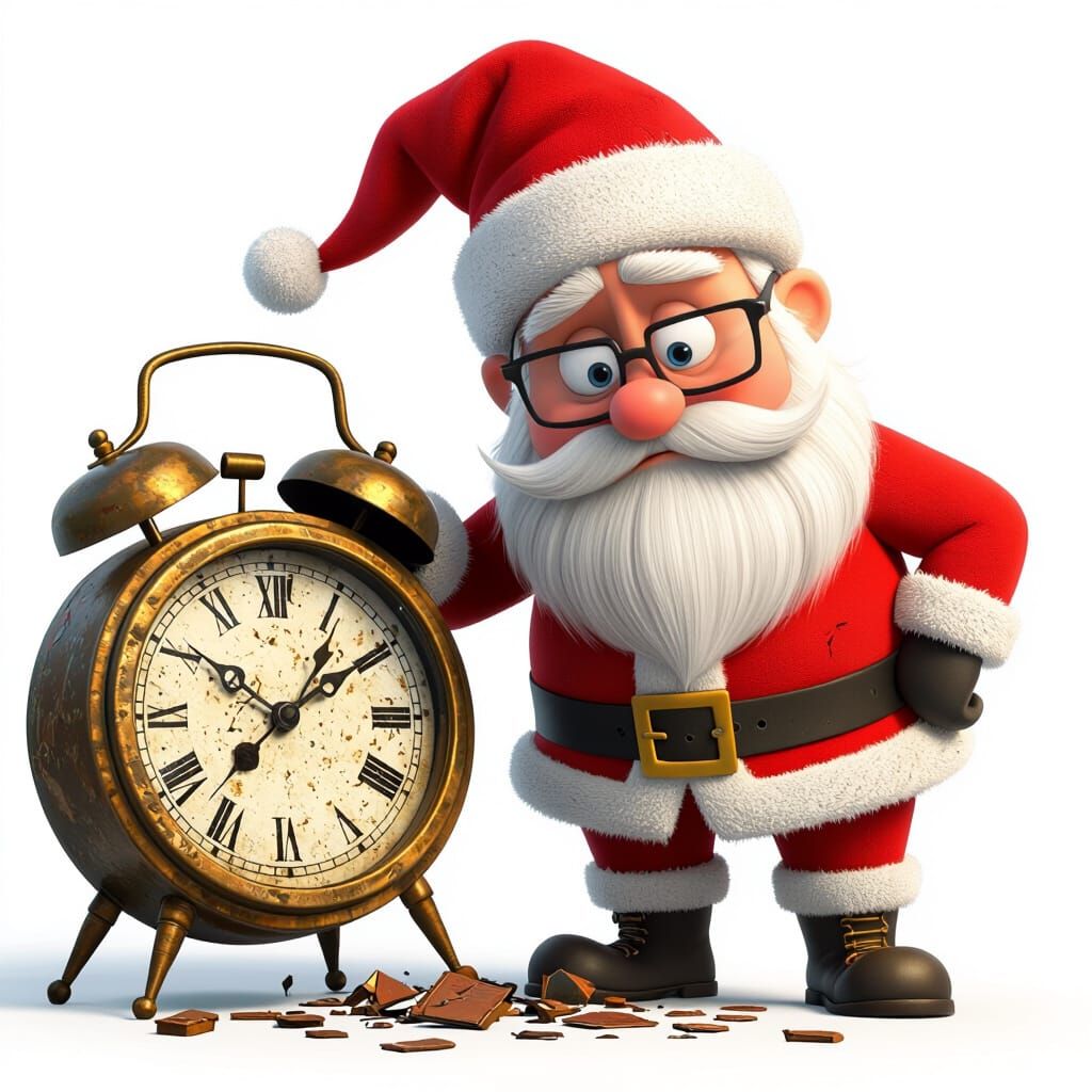 Worried Santa Claus With Broken Clock, Pixar Style