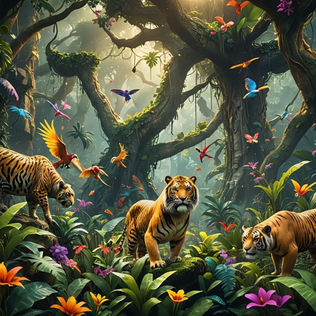 Colorful Animals in Mystical Jungle, 3D Render