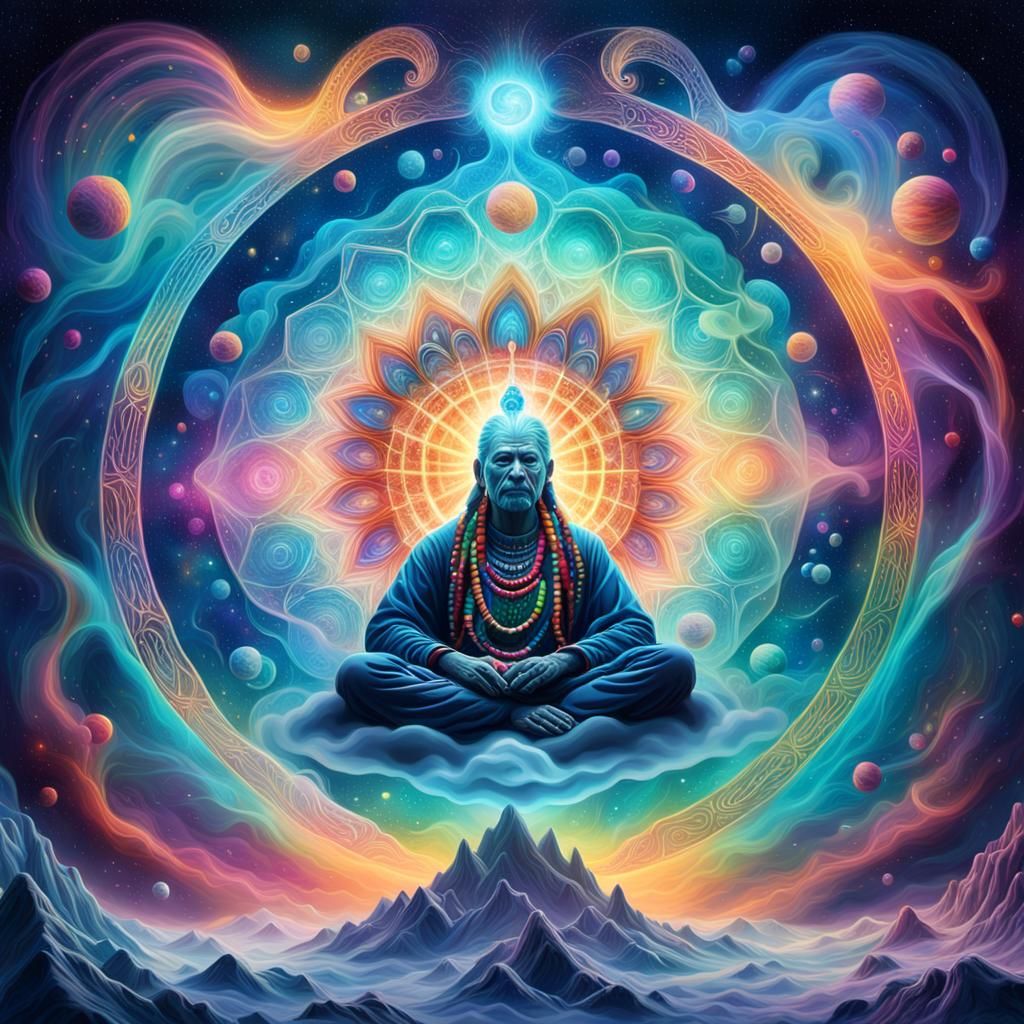Cosmic Shaman in Vibrant Vortex as Visionary Art