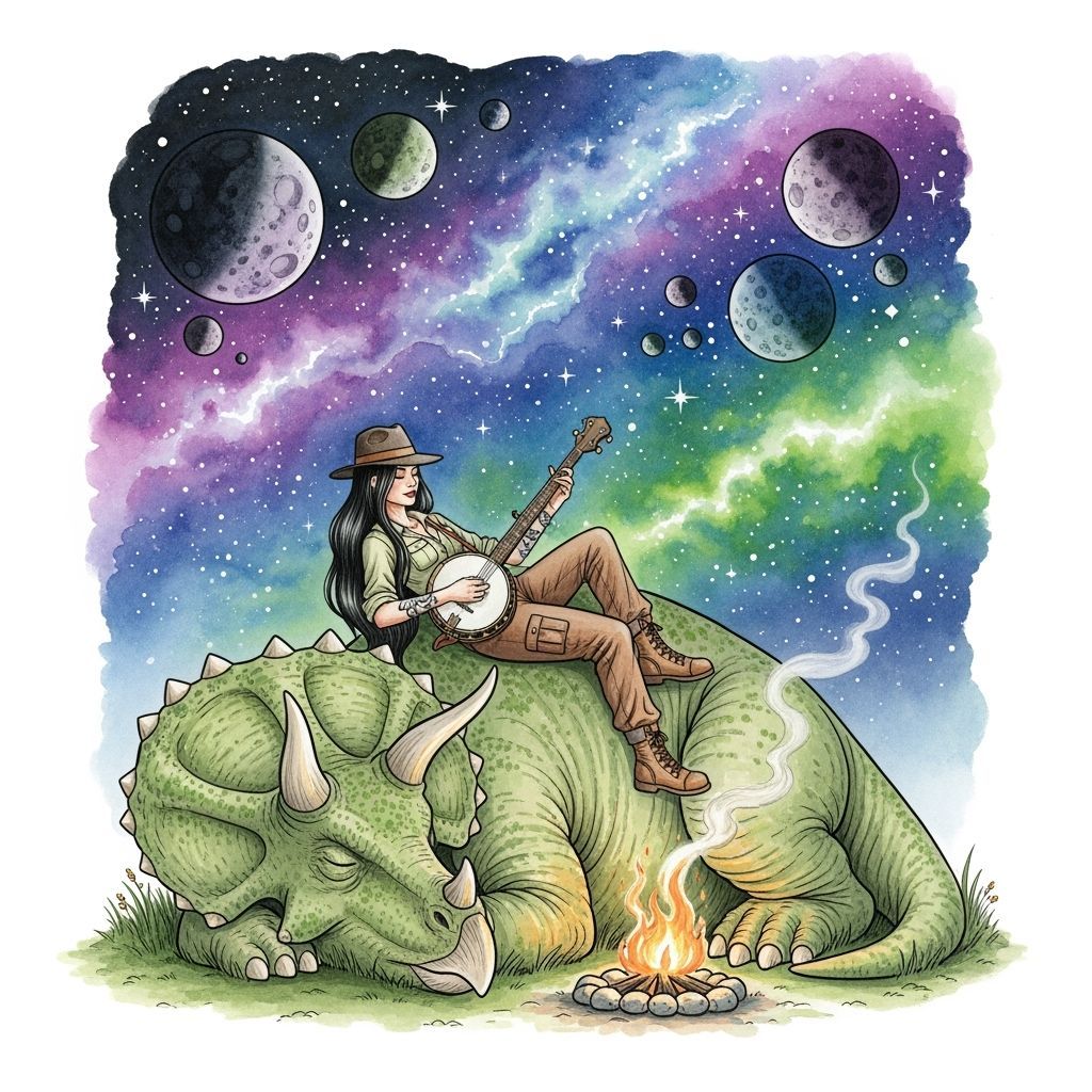 Woman Serenades Triceratops in Alien Landscape