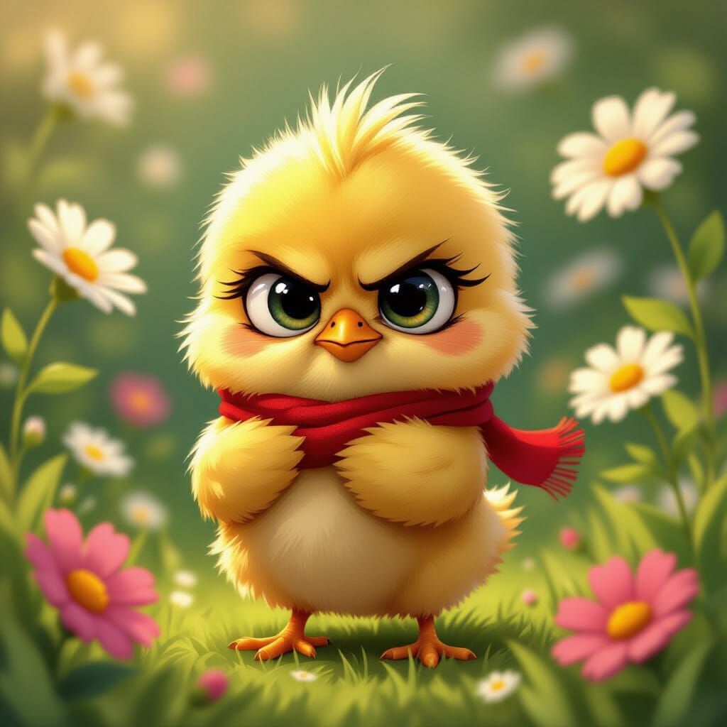 Grumpy Chick in Pixar Style with Red Scarf