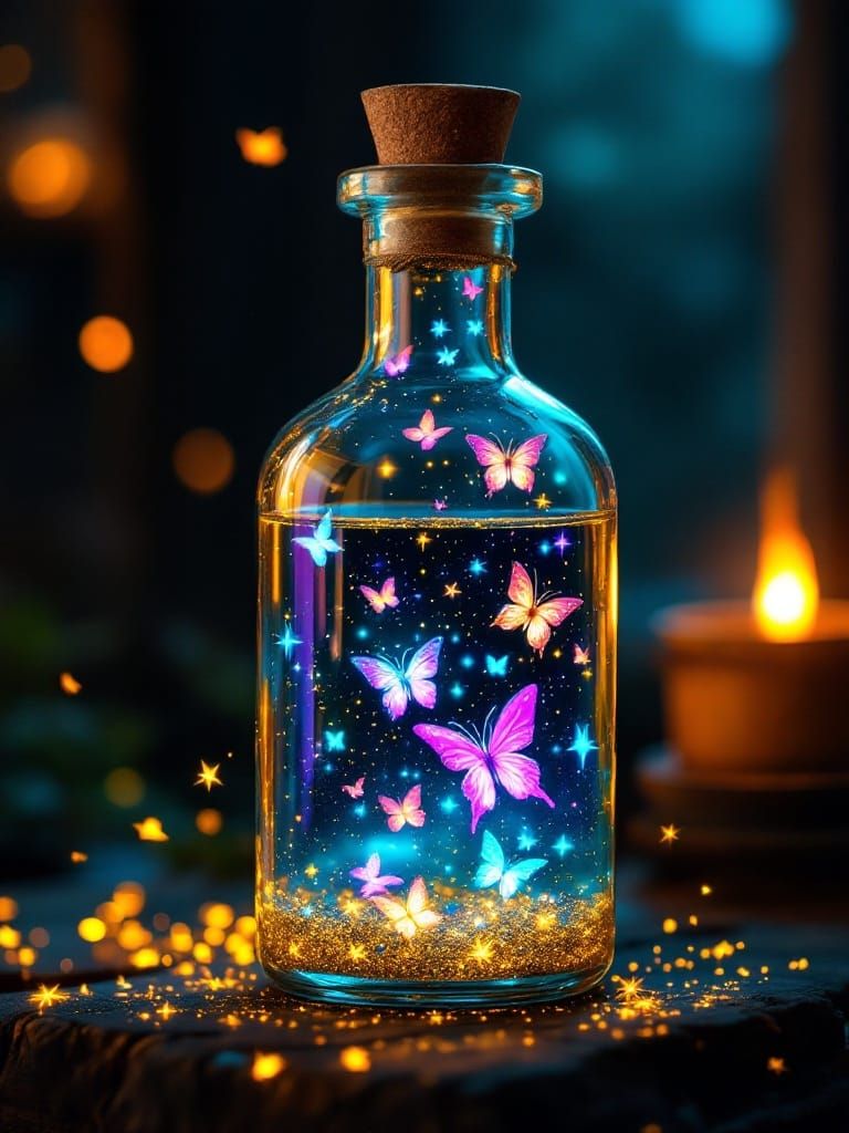 Magical Potion Bottle with Glowing Butterflies and Galaxy