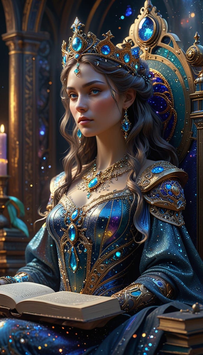 Regal Queen on Book Throne in Cosmic Digital Painting