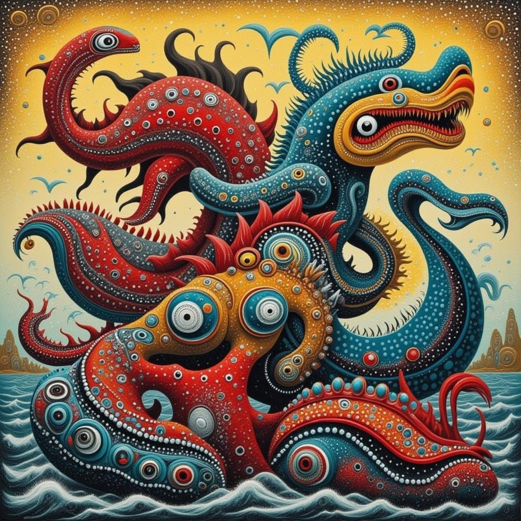 Kraken Sea Aboriginal Dot Painting Style