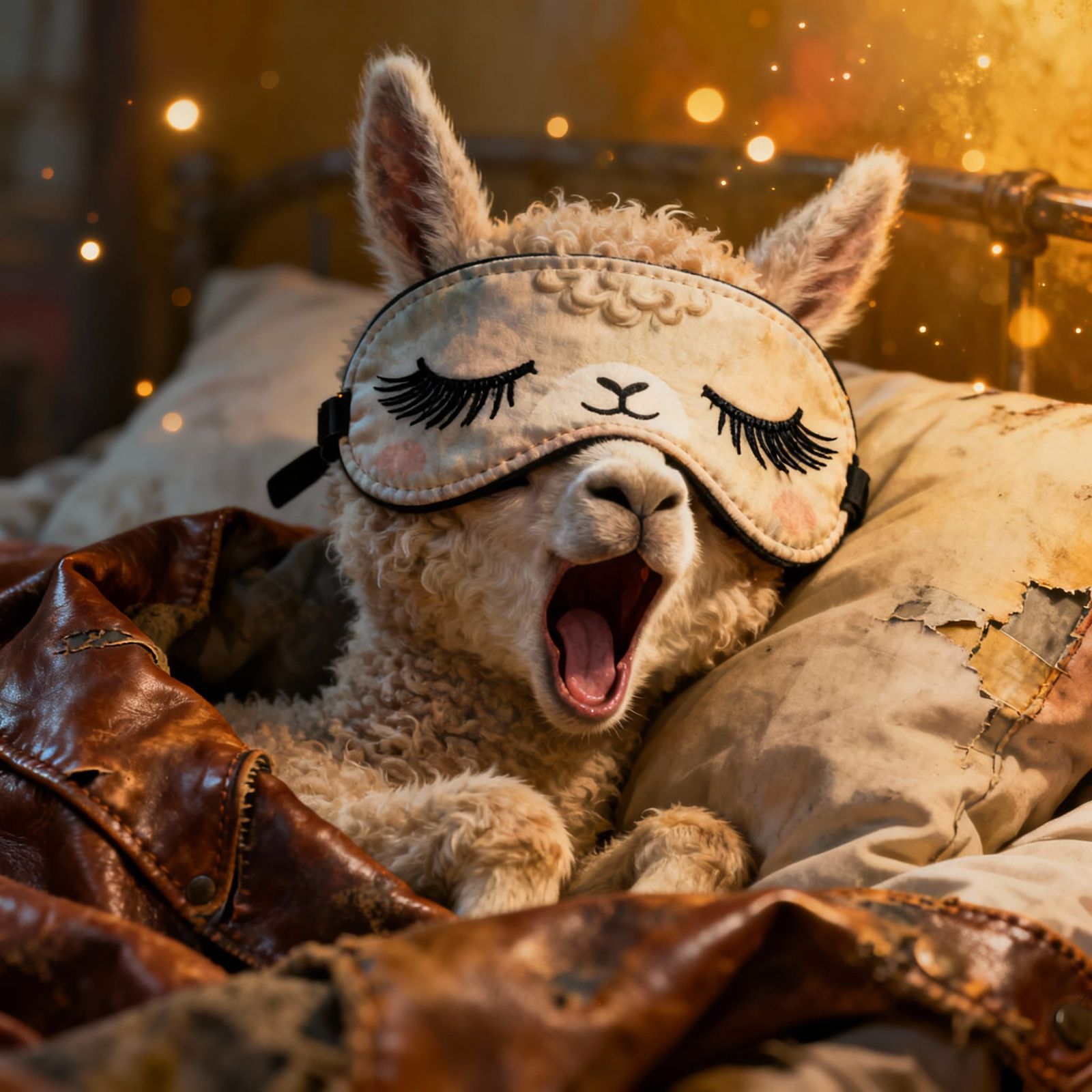 Baby Llama's Sleepy Yawn in Golden Light