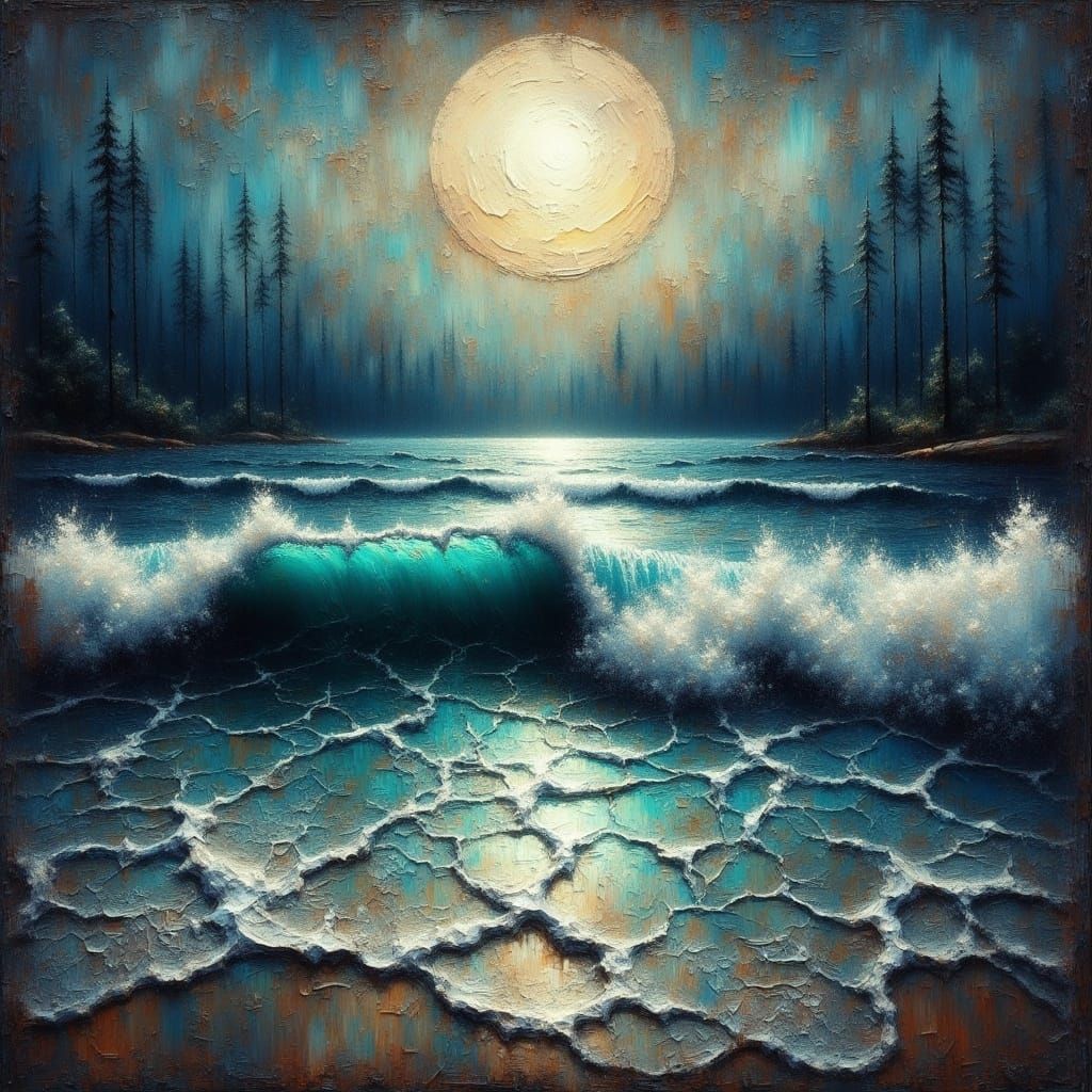 Grungy Impasto Waves Under Moonlight