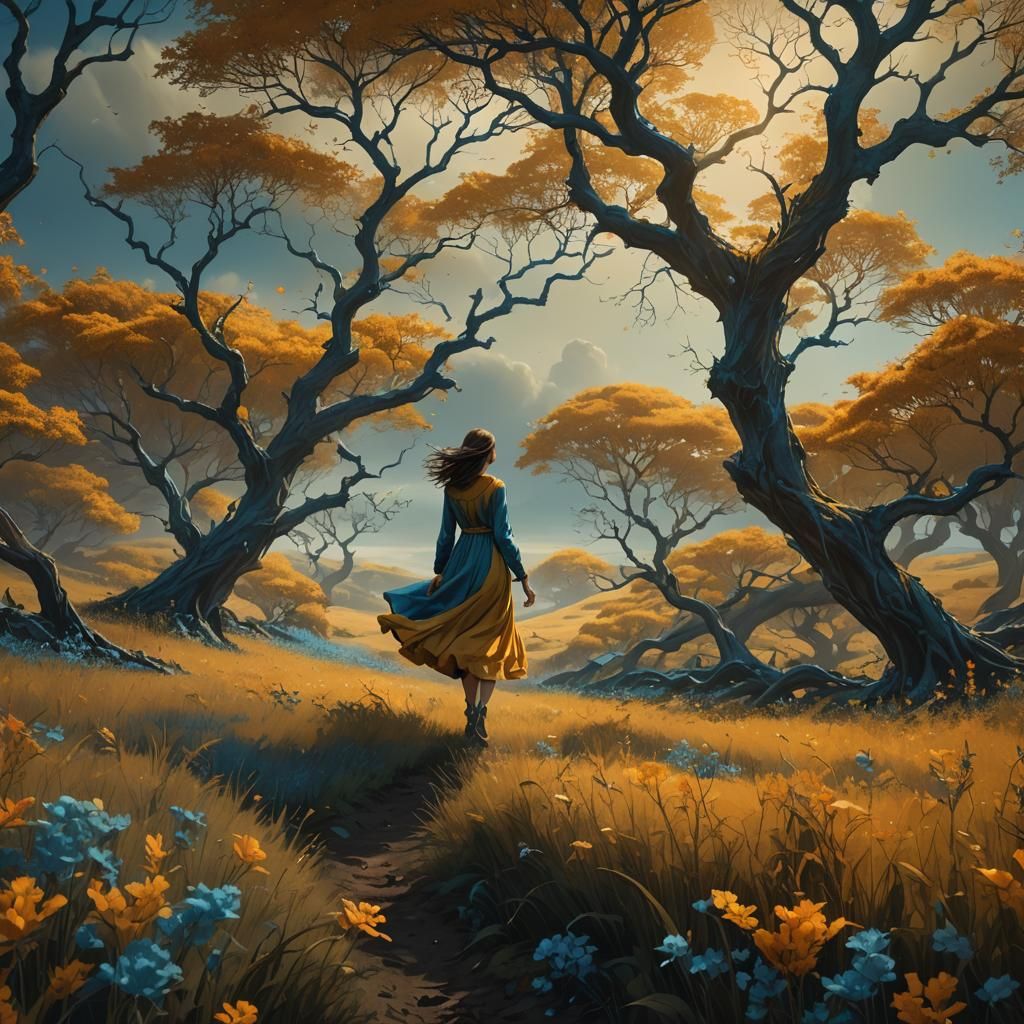 Girl Walking Through Field in Detailed Matte Painting Style