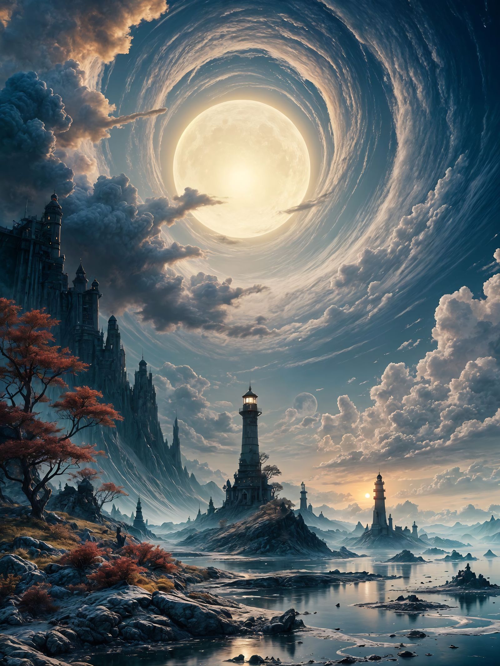 Surreal Cosmic Seascape with Majestic Lighthouse in Space