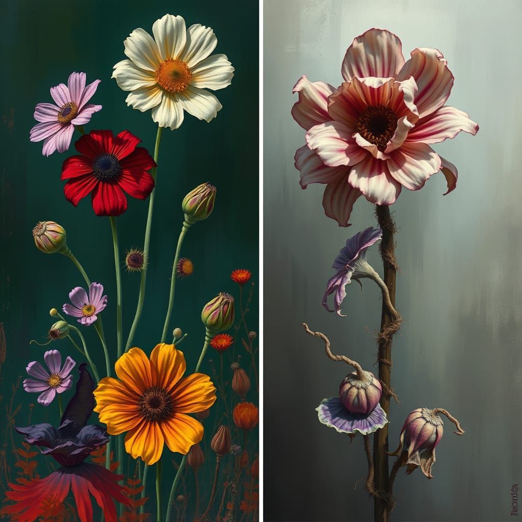 Split Composition: Blooming vs. Withered Flowers