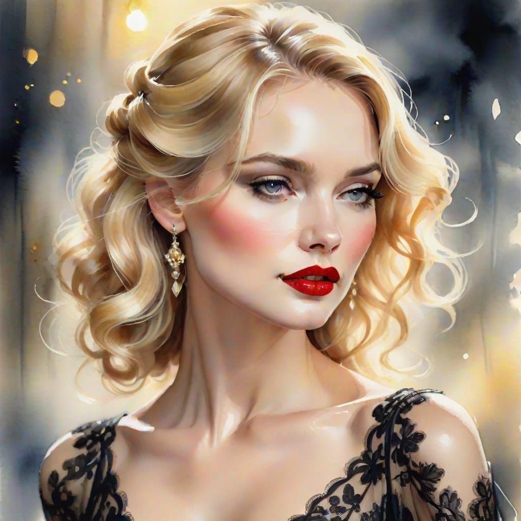 Elegant Watercolor Portrait of Woman in Black Lace