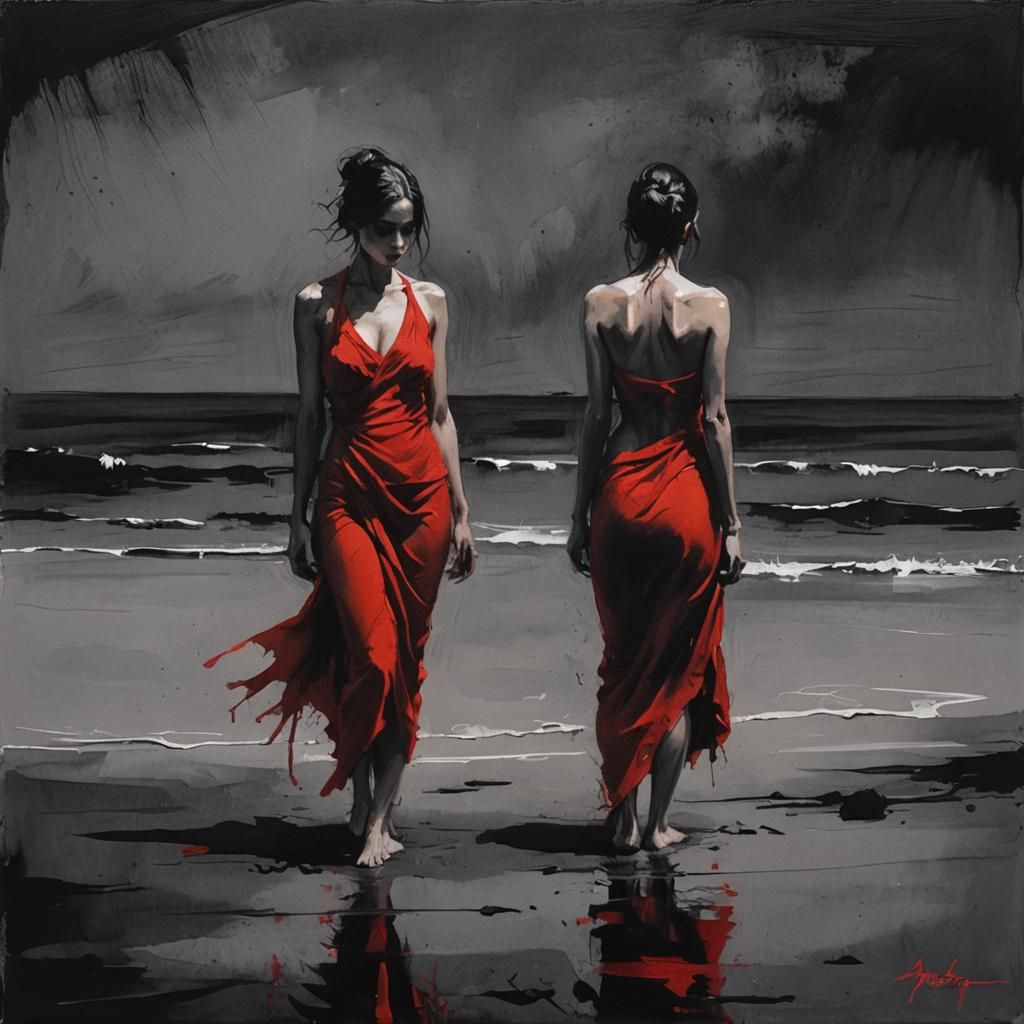 Ethereal Lady in Dark Beach Landscape, Ink Painting Style