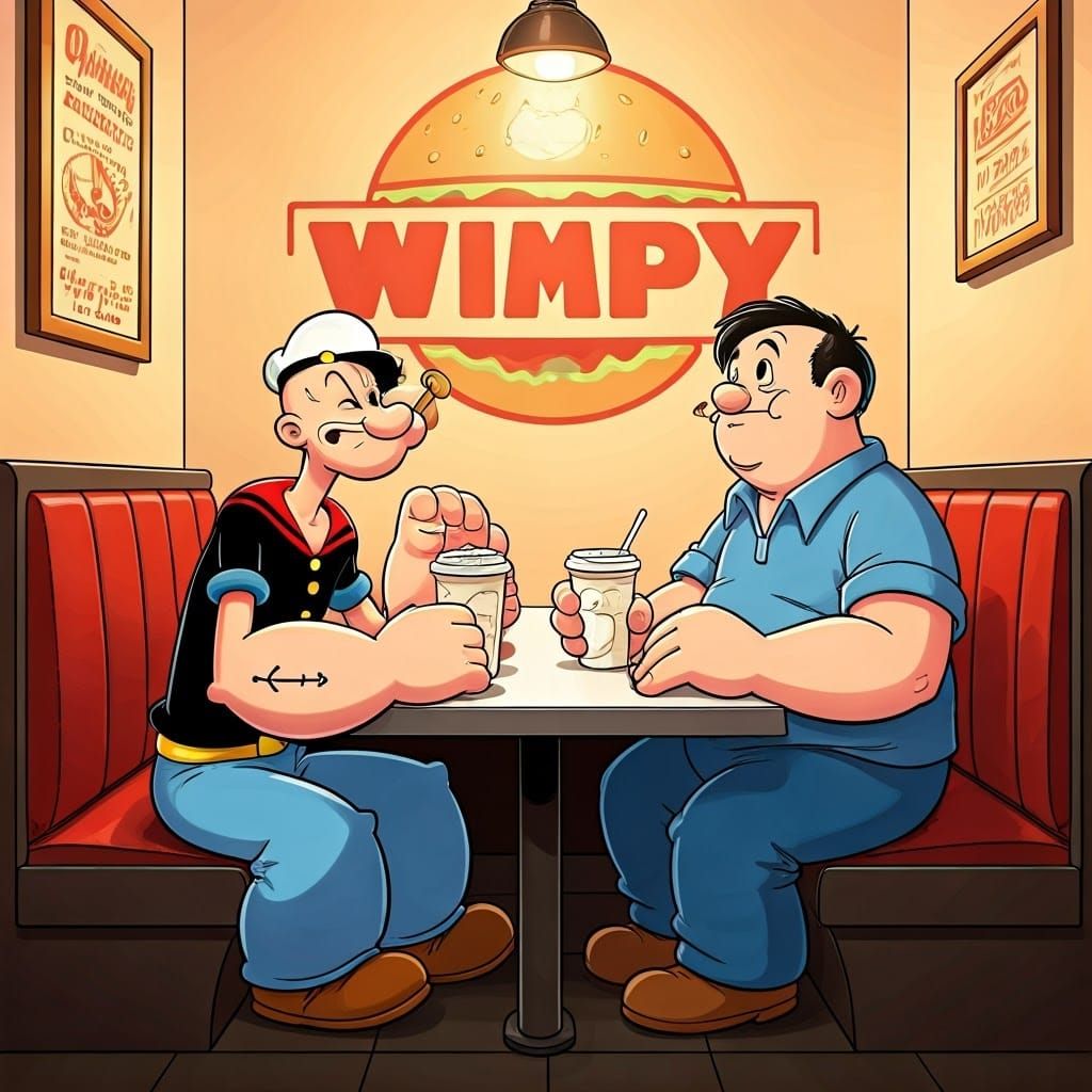 Popeye and Wimpy Enjoy a Burger at Wimpy's