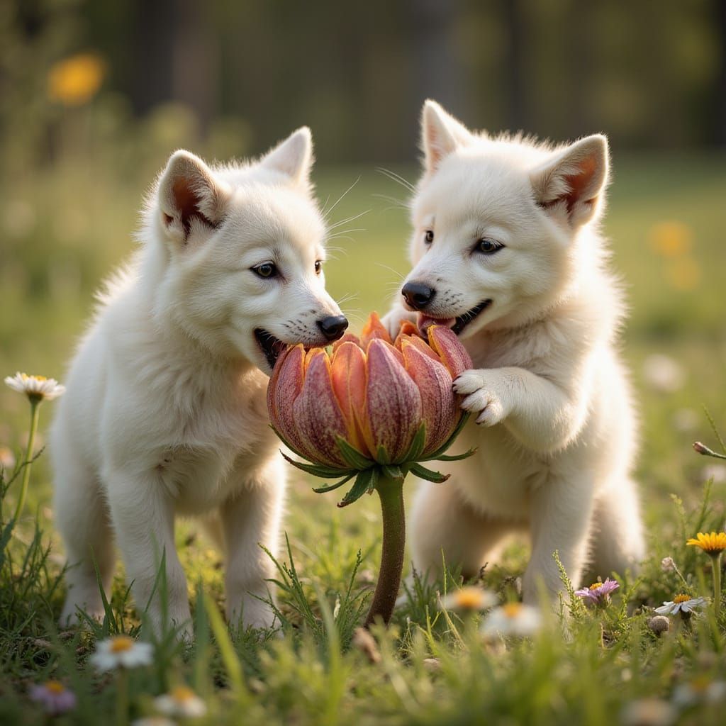 Wolf Pups Discovering a Giant Flower in Dreamscape