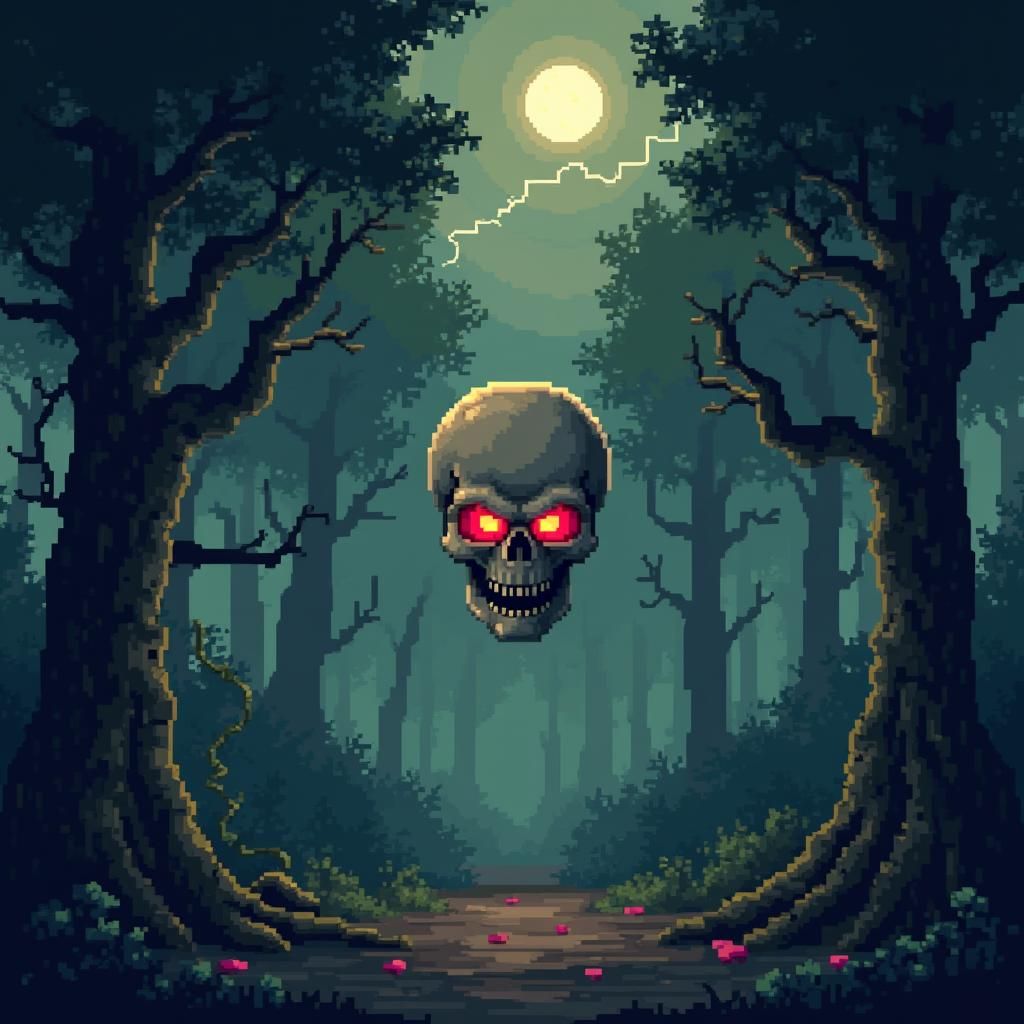 Eerie Glowing Skull in 8-Bit Pixelated Forest