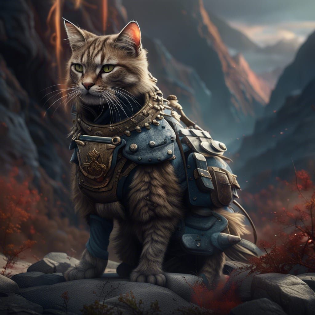 Mountain Cat in War Uniform: Detailed Matte Painting