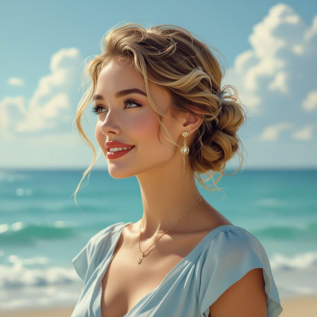Elegant Woman in Blue Dress Gazing at Sea