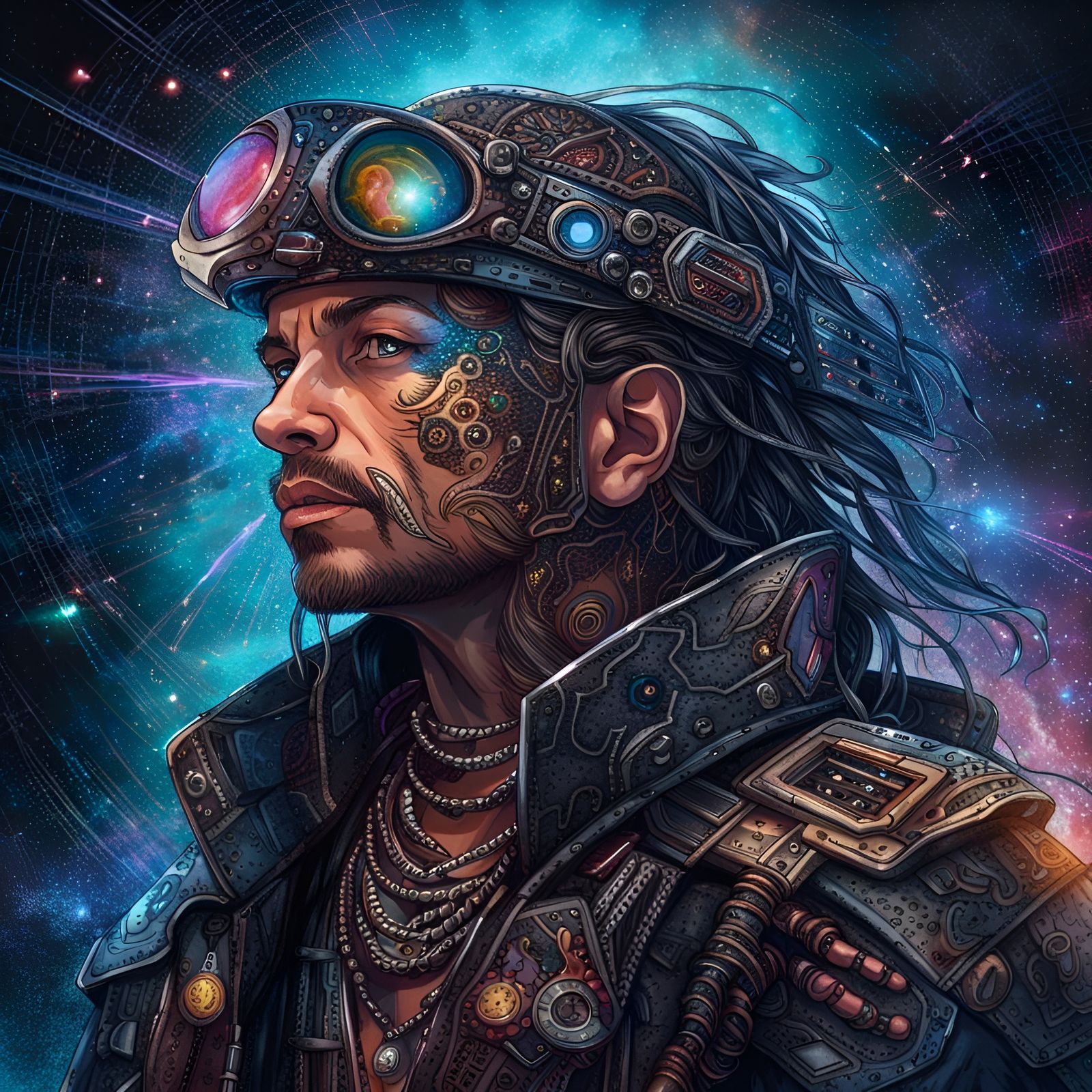 Cyberpunk Pirate Captain in Sci-Fi Starscape