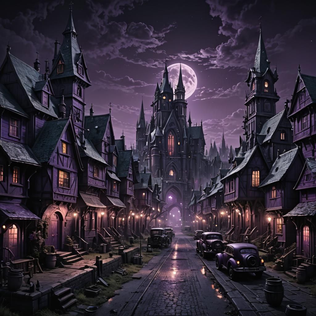 Dark Gothic Dieselpunk Village in Purple Midnight