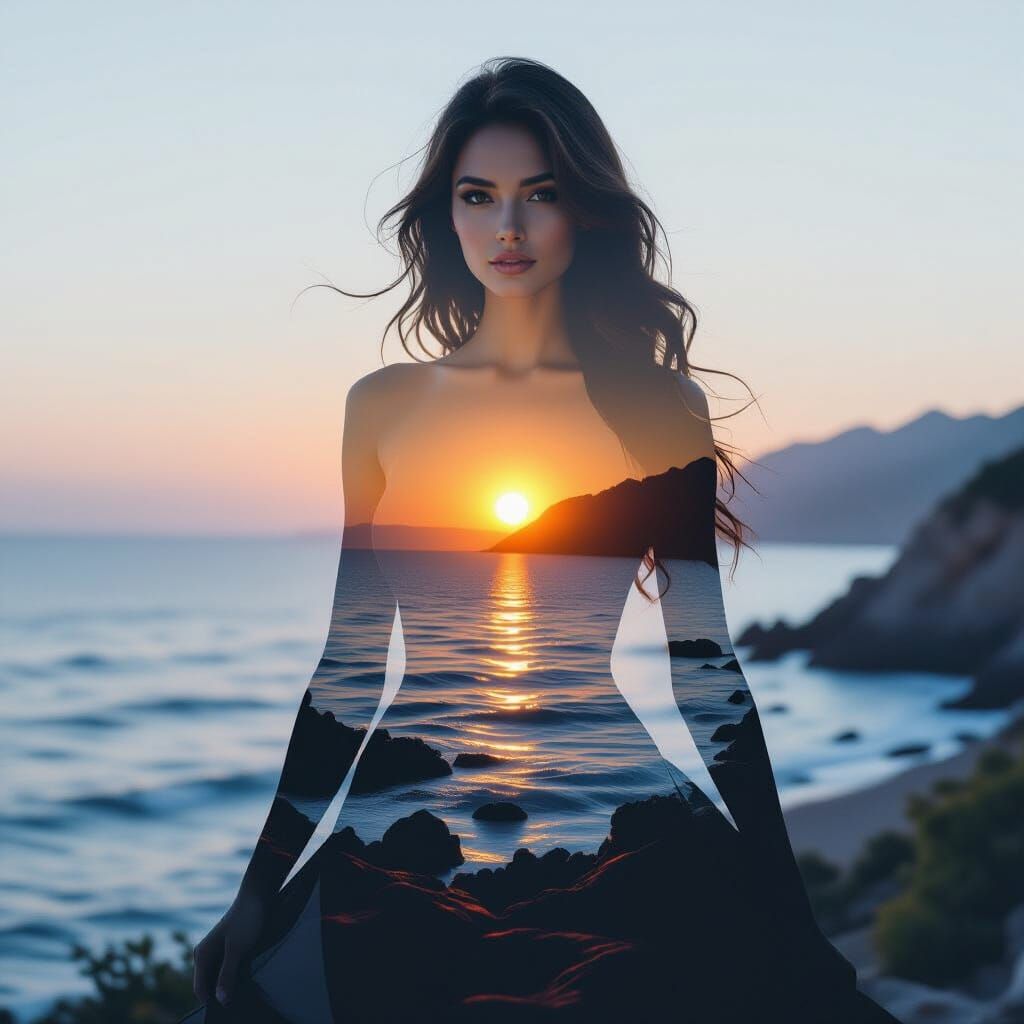 Goddess Silhouette Merged with Sunset Coast in Double Exposu...