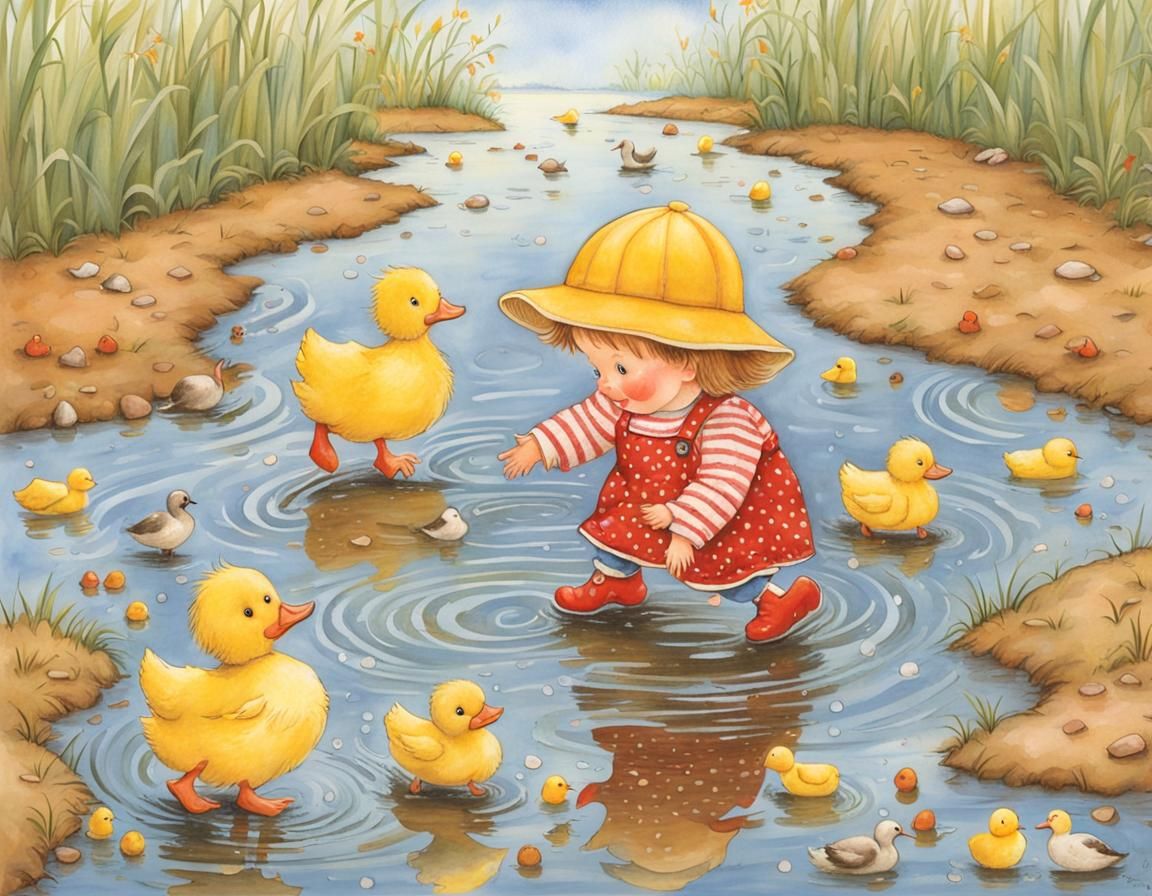 Toddlers and Ducks Splashing: Whimsical Illustration