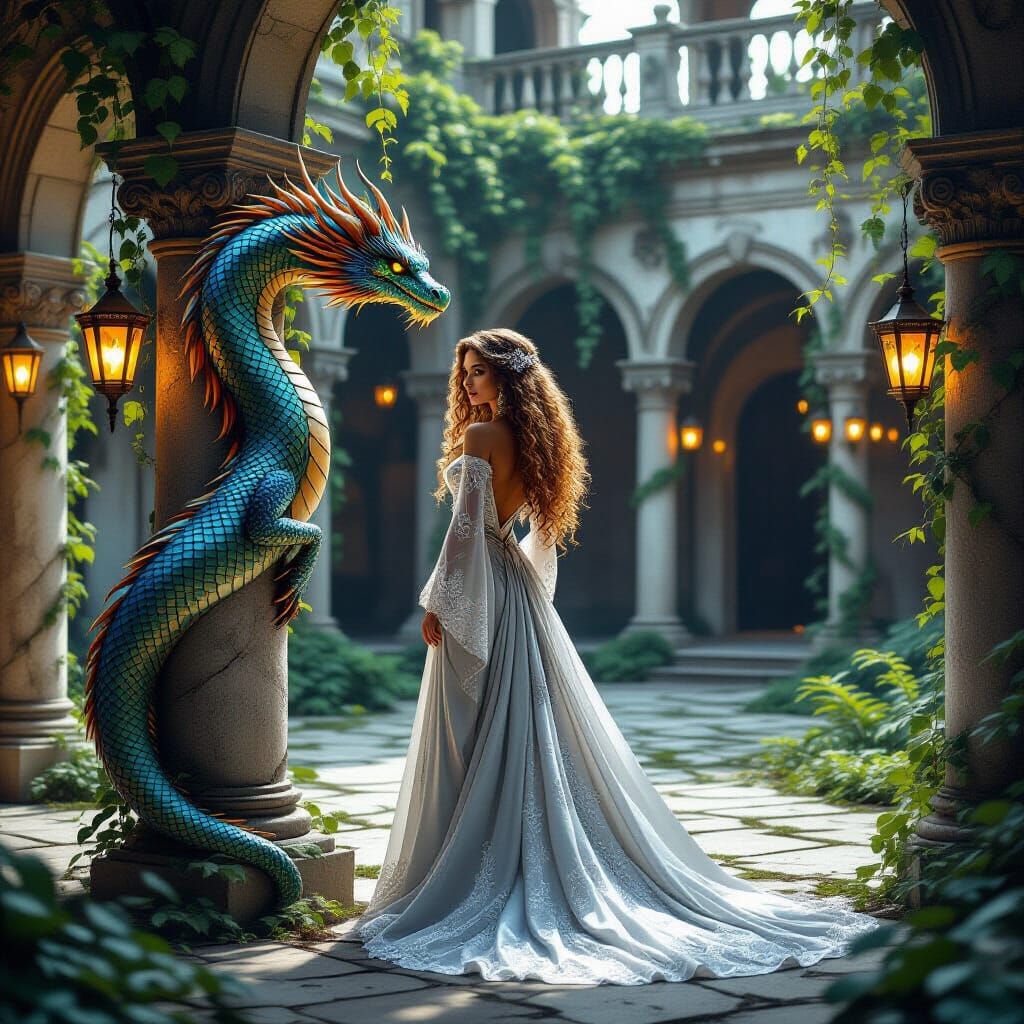Regal Woman and Dragon in Abandoned Palace