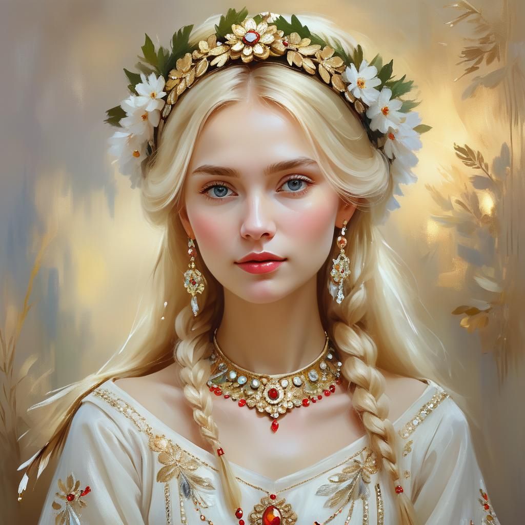 Blonde Girl in Slavic Costume: Impressionist Portrait